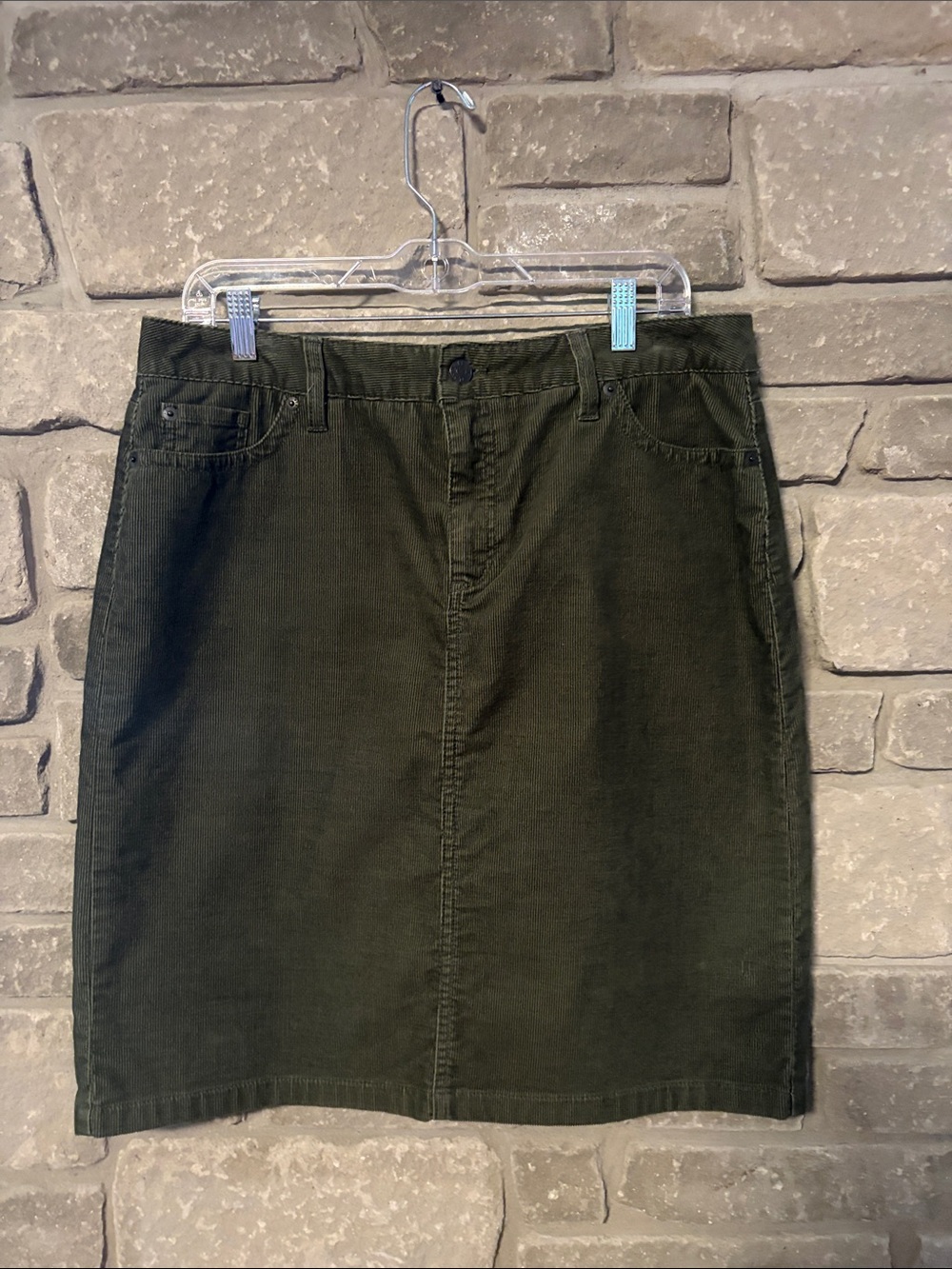 L.L. Bean Olive Corduroy Straight Fit Midi Skirt Size 12